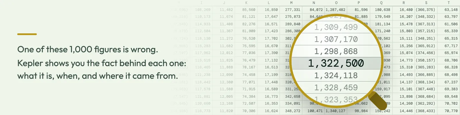 One of these 1,000 figures is wrong. Kepler shows you the fact behind each one: what it is, when, and where it came from. A spreadsheet of figures, with a magnifying glass over 1,322,500.