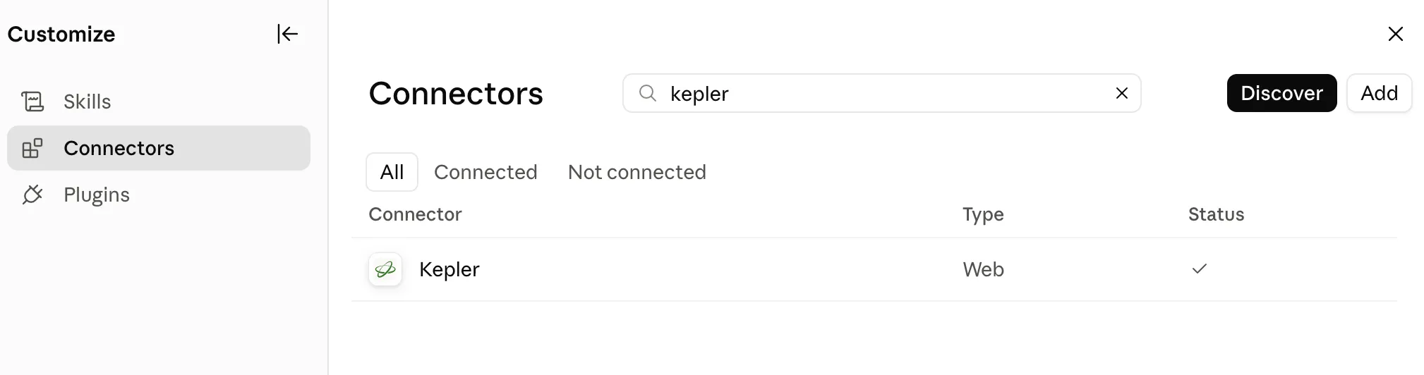 Claude’s connector settings with “kepler” typed into the search box, showing the Kepler connector listed and connected.