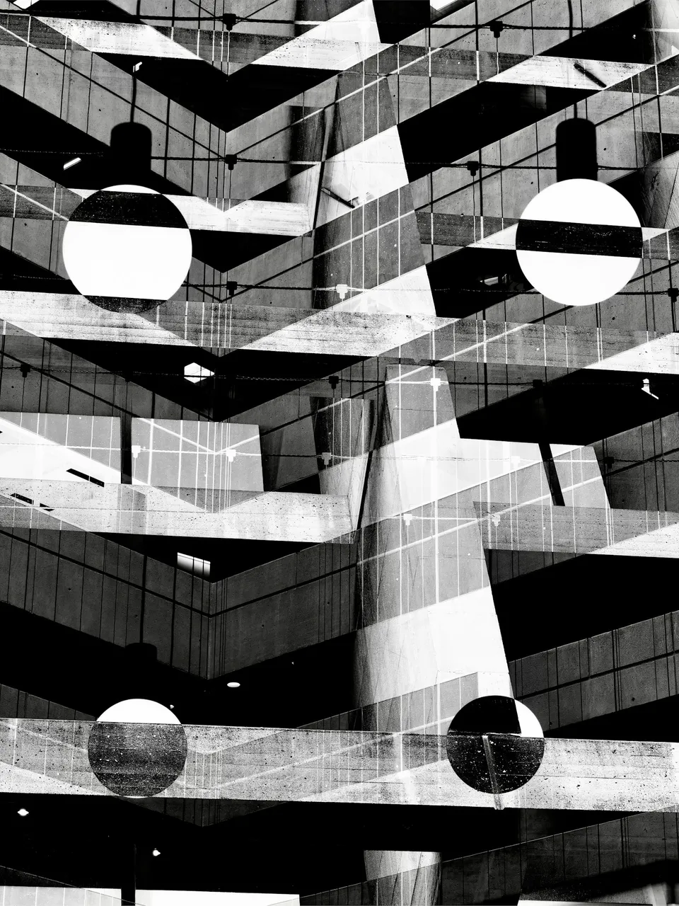 Abstract architectural interior with concrete beams, glass reflections, and circular lights creating a layered geometric pattern.