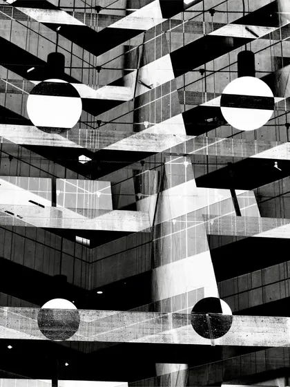 Abstract architectural interior with concrete beams, glass reflections, and circular lights creating a layered geometric pattern.