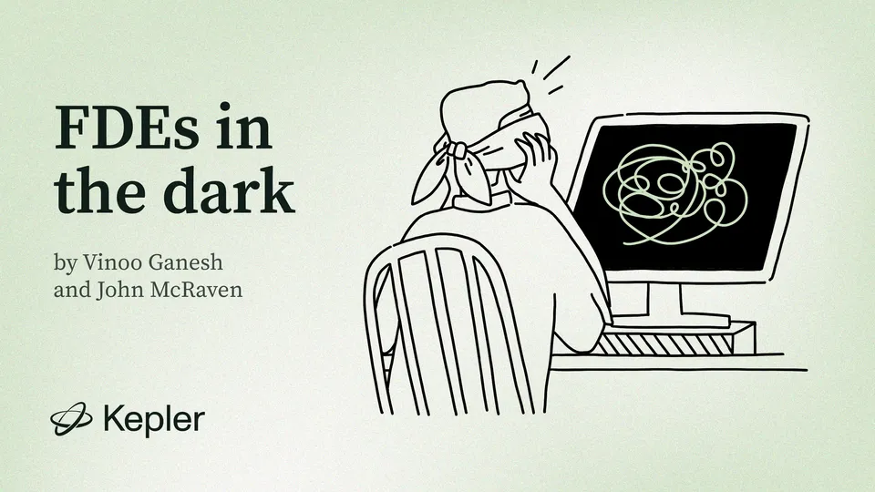 Illustration of a blindfolded person sitting at a desk, facing a computer monitor displaying tangled, indecipherable lines, representing an FDE trying to debug AI without traceability.