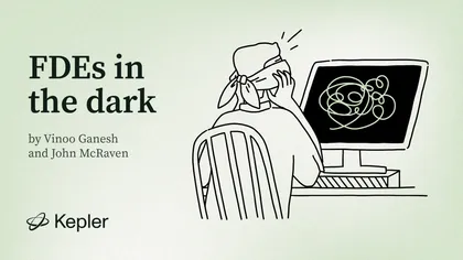 Illustration of a blindfolded person sitting at a desk, facing a computer monitor displaying tangled, indecipherable lines, representing an FDE trying to debug AI without traceability.