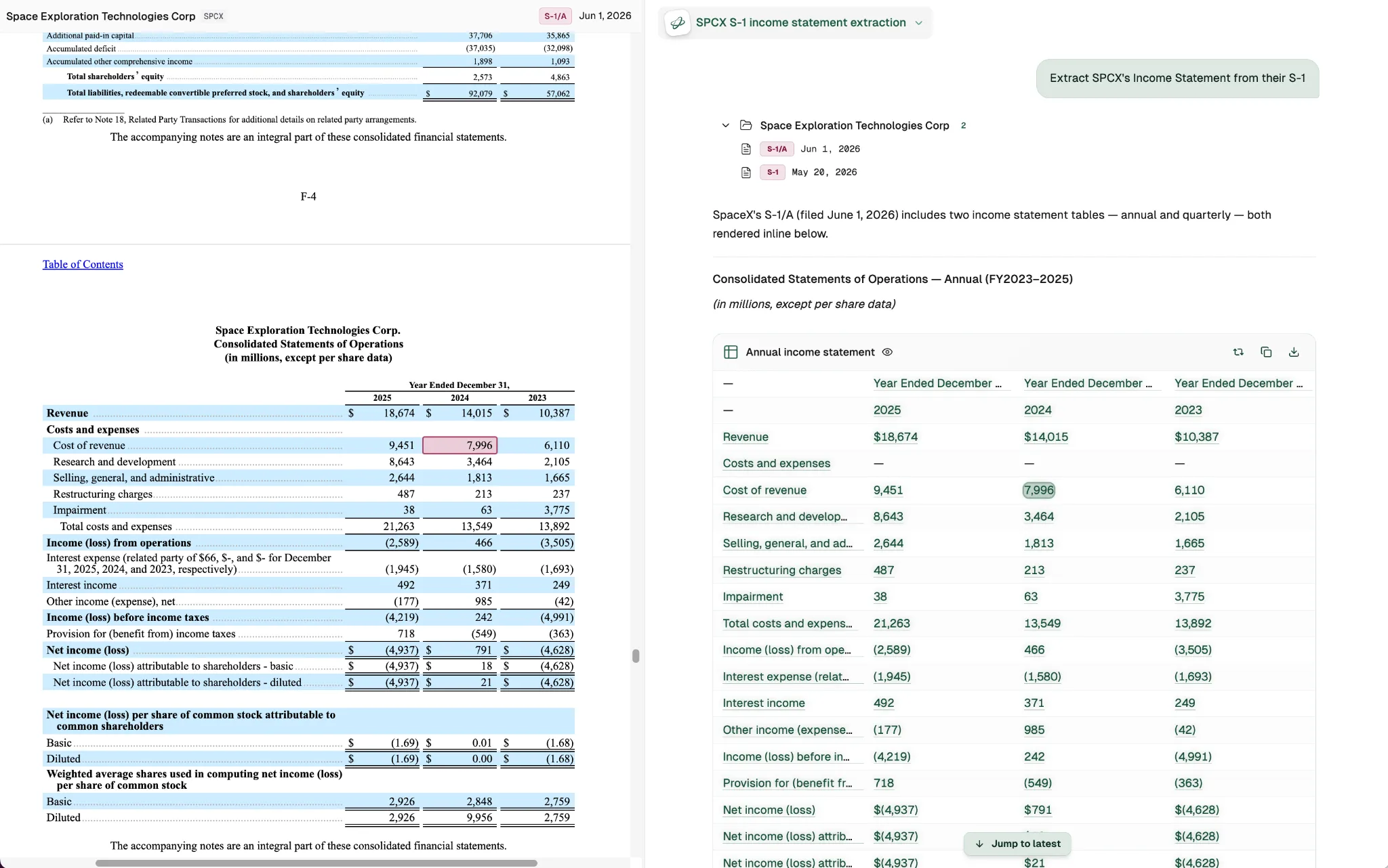 A Kepler chat extracting SpaceX's income statement, each figure cited back to the filing.