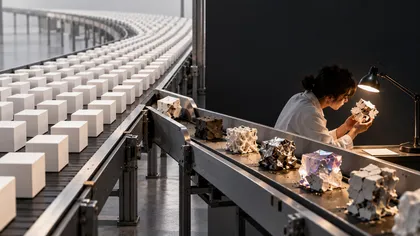 Rows of identical white cubes on a factory conveyor, beside a second belt of irregular, fractured and crystalline cubes that a researcher examines under a desk lamp.