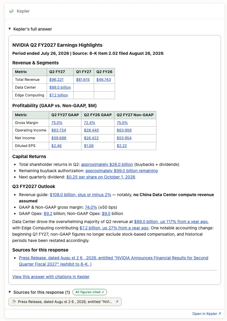 Kepler’s expanded answer on NVIDIA’s Q2 FY2027 earnings release: revenue and segment tables, GAAP versus non-GAAP profitability, capital returns, and the Q3 outlook, with every figure linked back to the 8-K.