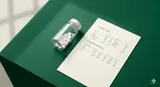 A small bottle of white pills sitting on a green desk next to a printed financial comparables sheet, evoking Kepler as a painkiller for financial analysts.