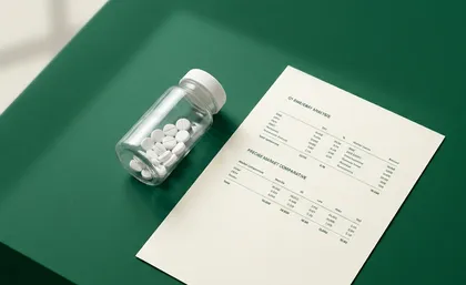 A small bottle of white pills sitting on a green desk next to a printed financial comparables sheet, evoking Kepler as a painkiller for financial analysts.