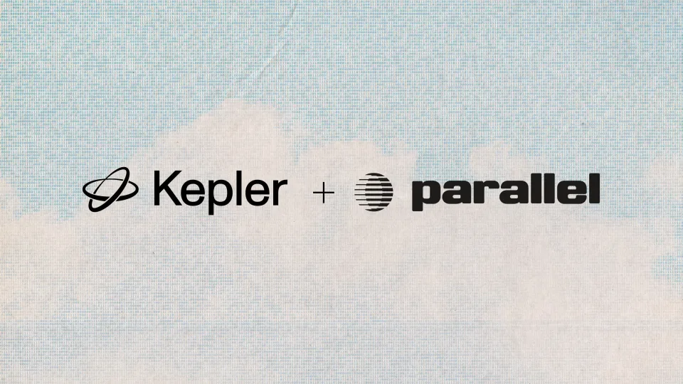 Kepler and Parallel logos side by side on a light textured background with binary code pattern.