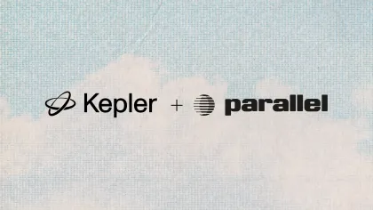 Kepler and Parallel logos side by side on a light textured background with binary code pattern.