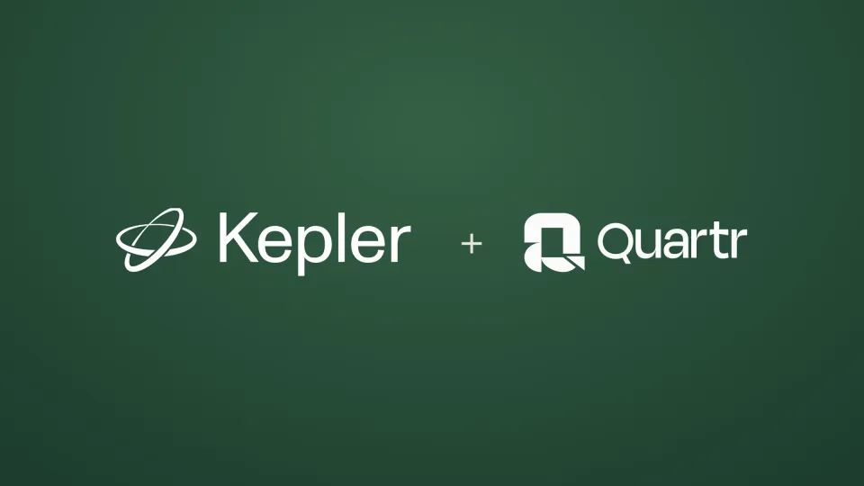 Kepler and Quartr logos in white, set side by side on Kepler's emerald green brand background.