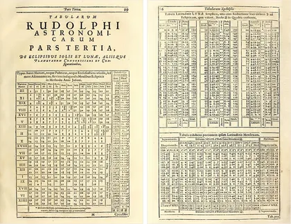Two pages of dense astronomical tables from Johannes Kepler's Tabulae Rudolphinae (1627), printed in columns of numbers on light parchment.