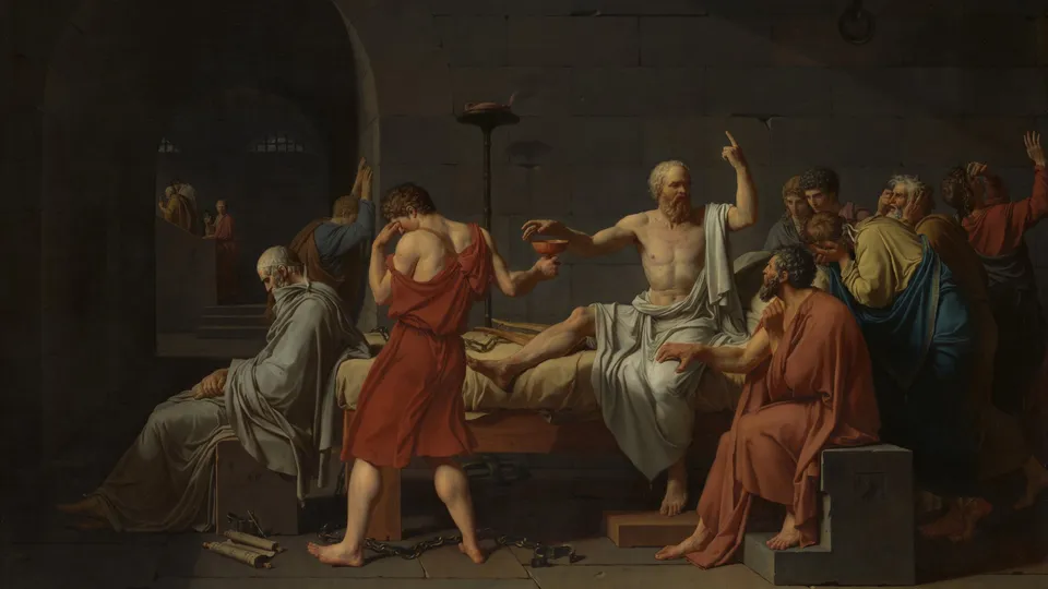 Jacques-Louis David's The Death of Socrates (1787): Socrates sits on his prison bed, one finger raised as he reaches for the cup of hemlock, while his grieving followers surround him and Plato sits at the foot of the bed.