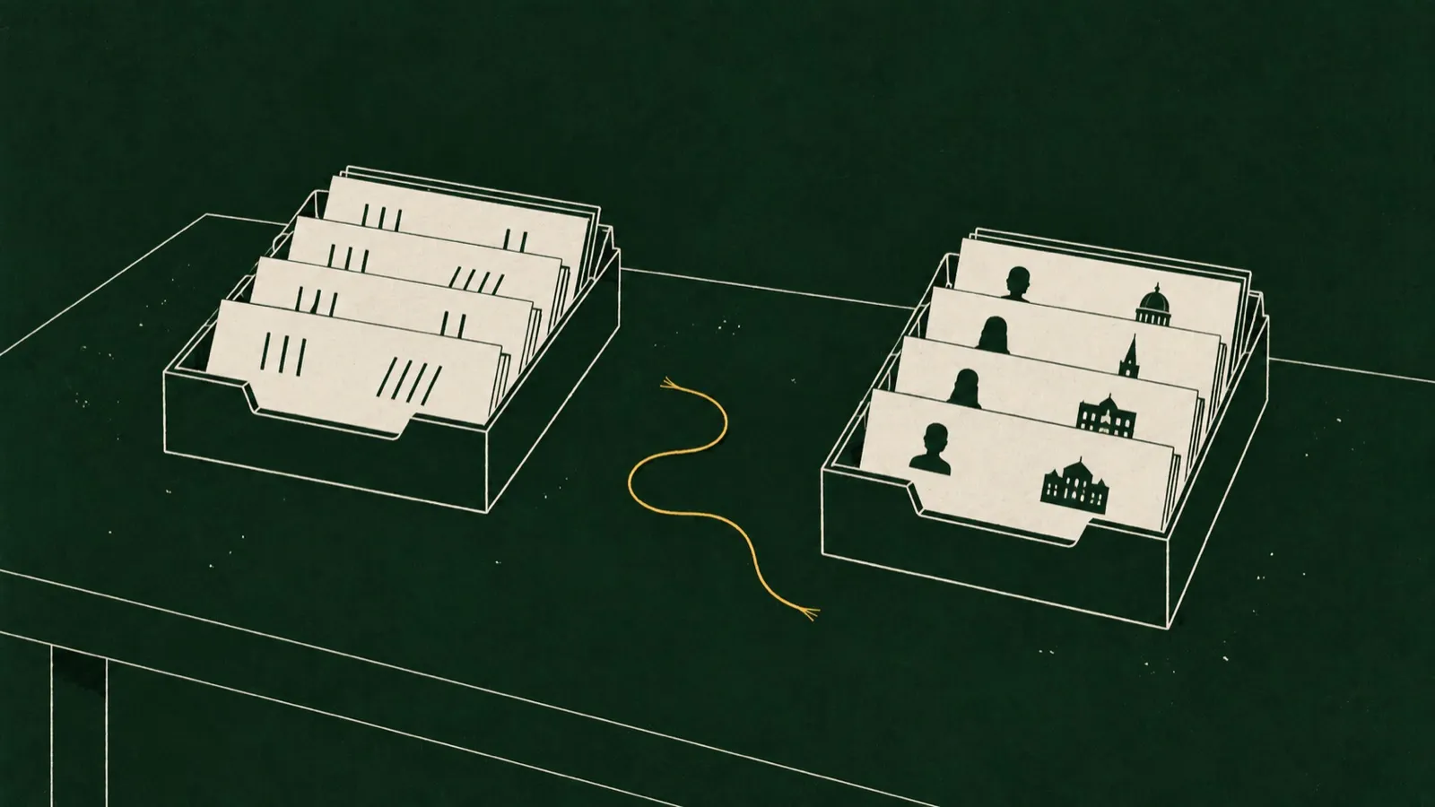 Two card-index trays on a desk, one holding cards with numbers, the other holding cards with people and buildings, and a loose yellow thread lying between them, tied to neither.
