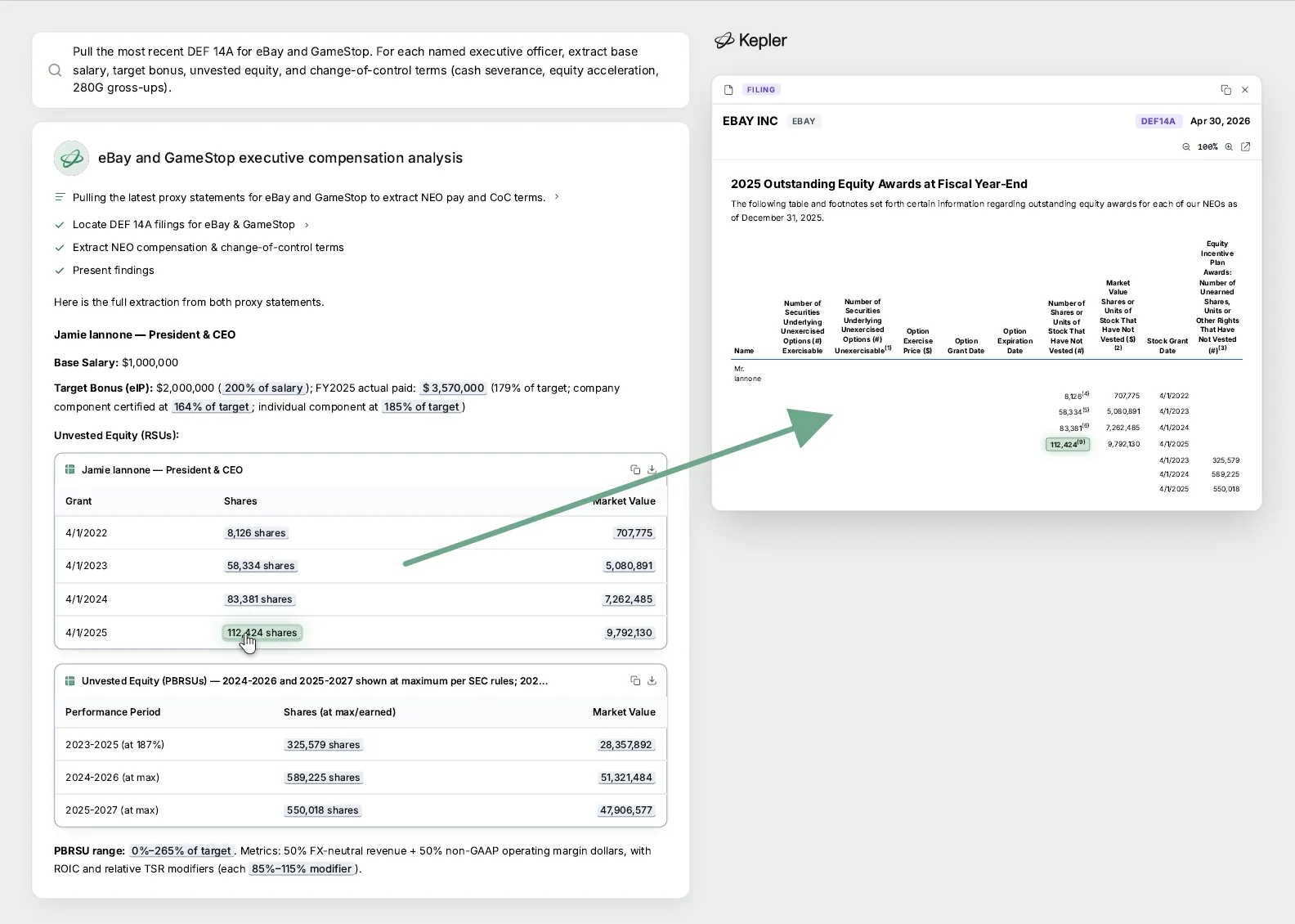Side-by-side table of change-of-control economics for eBay and GameStop named executive officers — base salary, target bonus, unvested equity, severance, and equity acceleration — with each figure linked to the source proxy footnote.