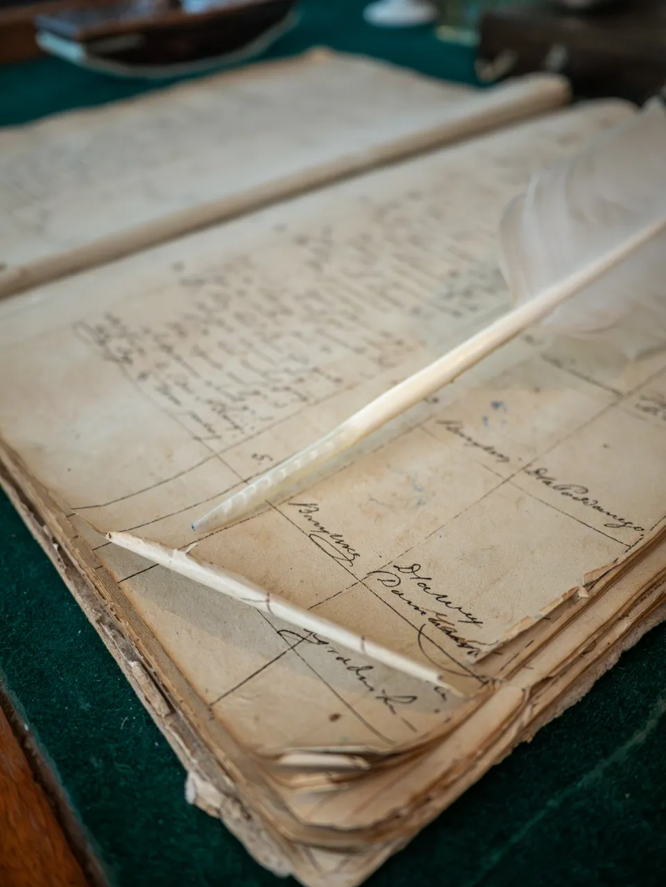 A feather quill pen resting on an old handwritten ledger with aged cream-colored pages.